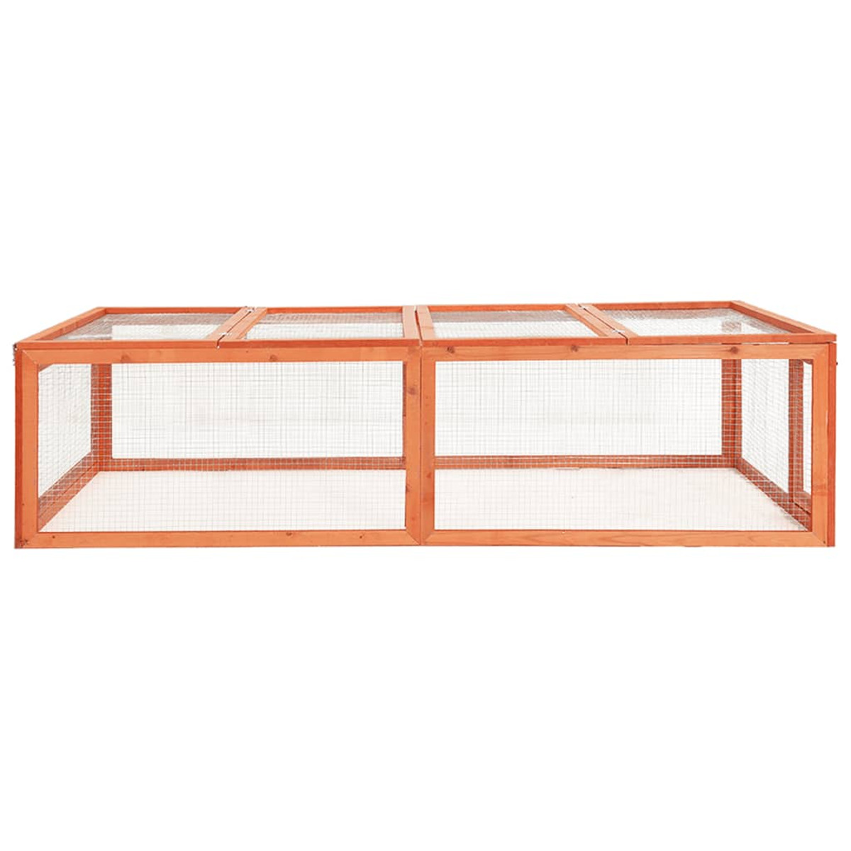 Rechteckiger Kaninchenstall aus Holz. Er hat Seiten und eine Oberseite aus Drahtgeflecht. Der Stall ist leer.