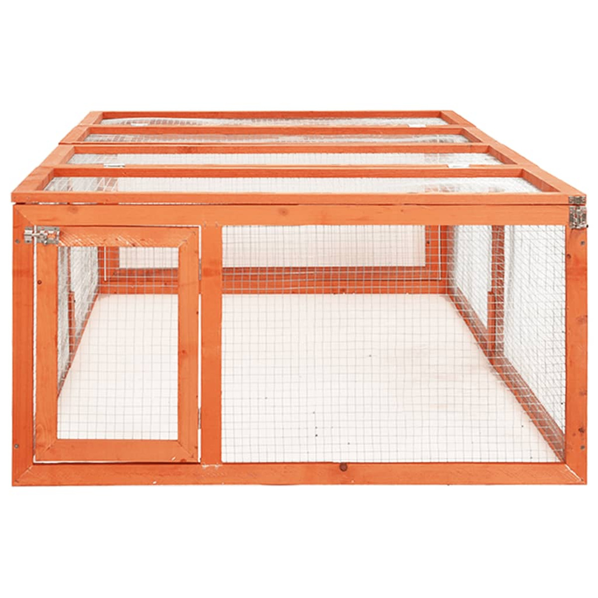 Hühnerstall aus Holz. Offener Käfig mit Drahtgeflecht und Tür. Oranger Rahmen.