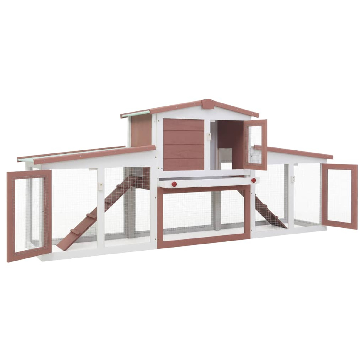 Ein Hühnerstall aus Holz mit mehreren Fächern, Türen und einer Rampe. Das Farbschema ist weiß und braun.
