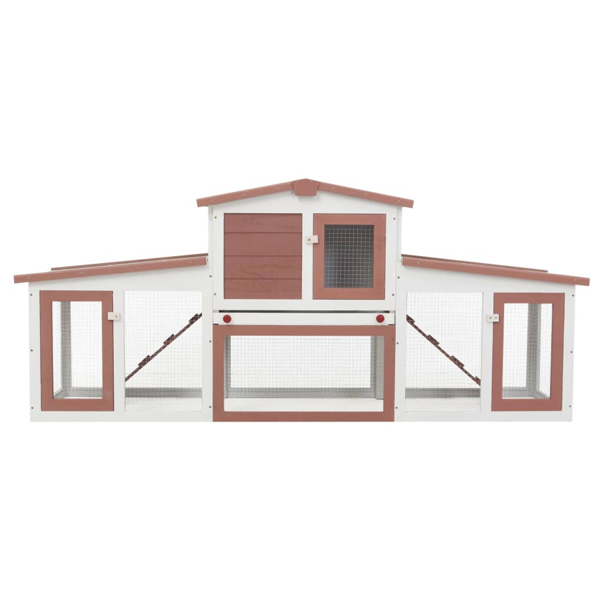 Kaninchenstall aus Holz, mit weißem und rotem Farbschema. Es ist neu.