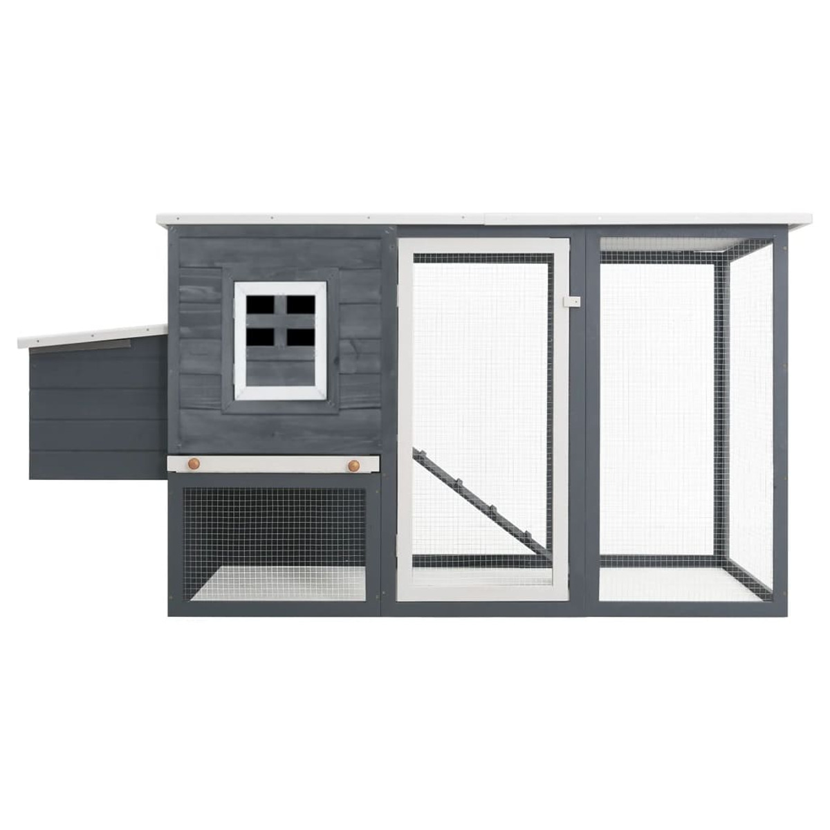 Grauer Hühnerstall aus Holz mit kleinem Fenster, Tür und Gittern an den Seiten. Weißer Hintergrund.