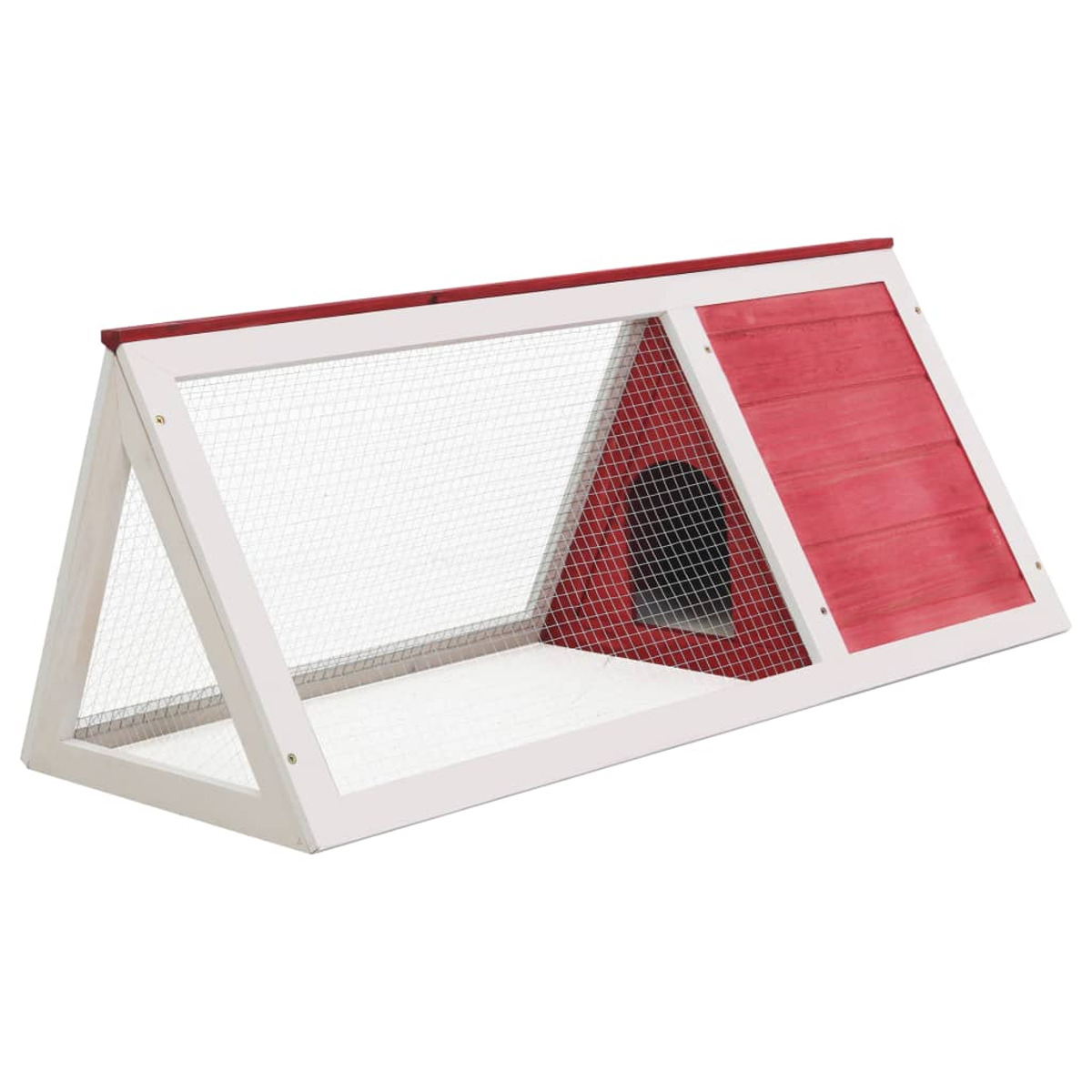 Kleines hölzernes Tierhaus. Rotes Dach und weißer Rahmen mit Drahtgitterfront.