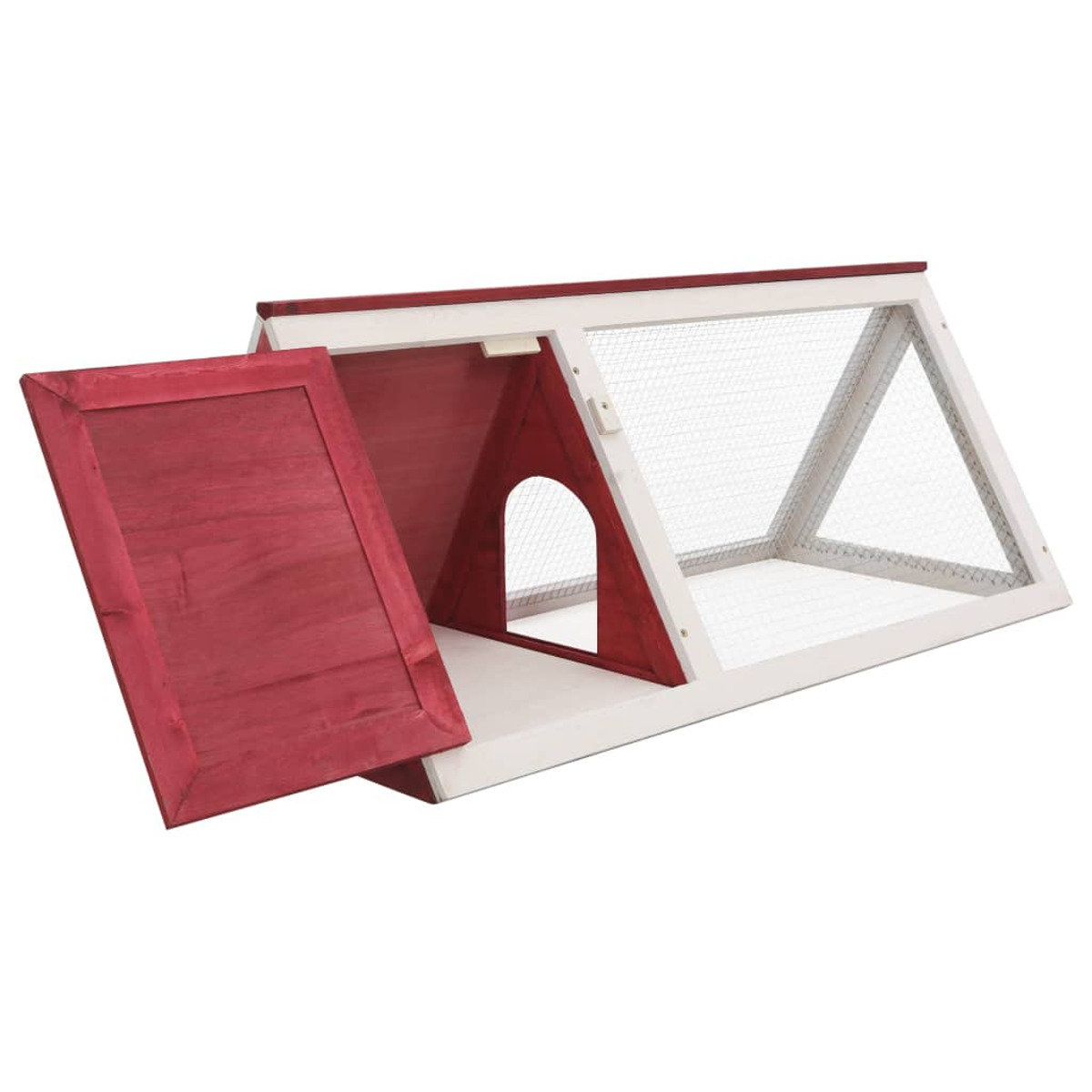Kaninchenstall aus Holz mit roter Tür und offenem Dach. Weißer Hintergrund.