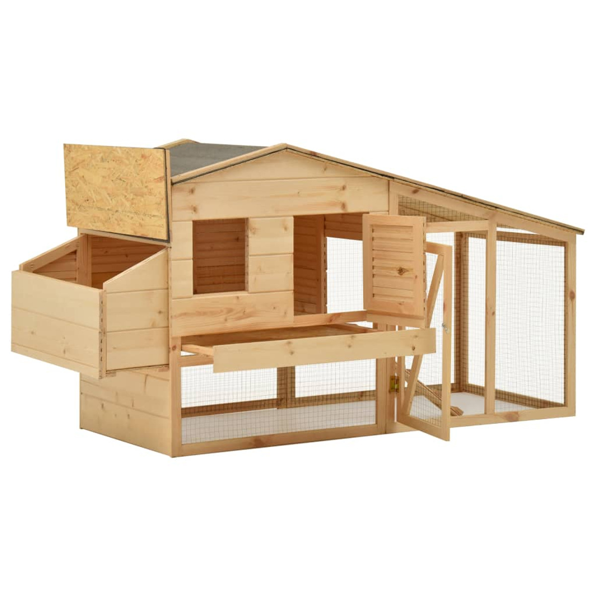 Hühnerstall aus Holz mit offener Nistkiste, offener Tür und Maschendraht auf weißem Hintergrund.