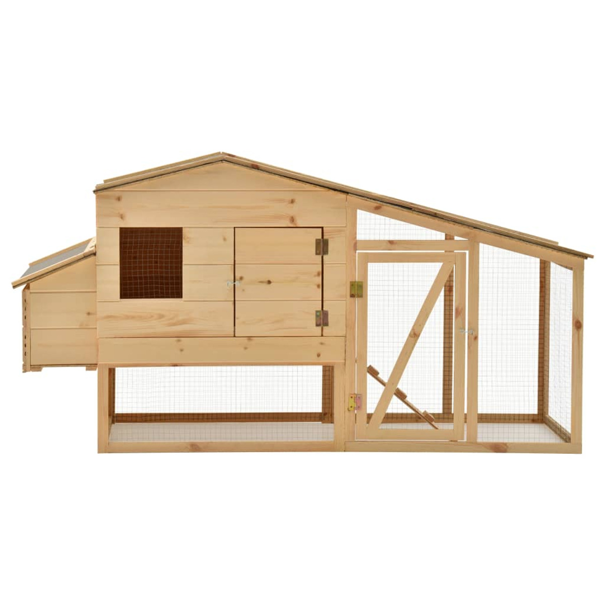 Ein Hühnerstall aus Holz mit Dach und Gitterpaneelen.