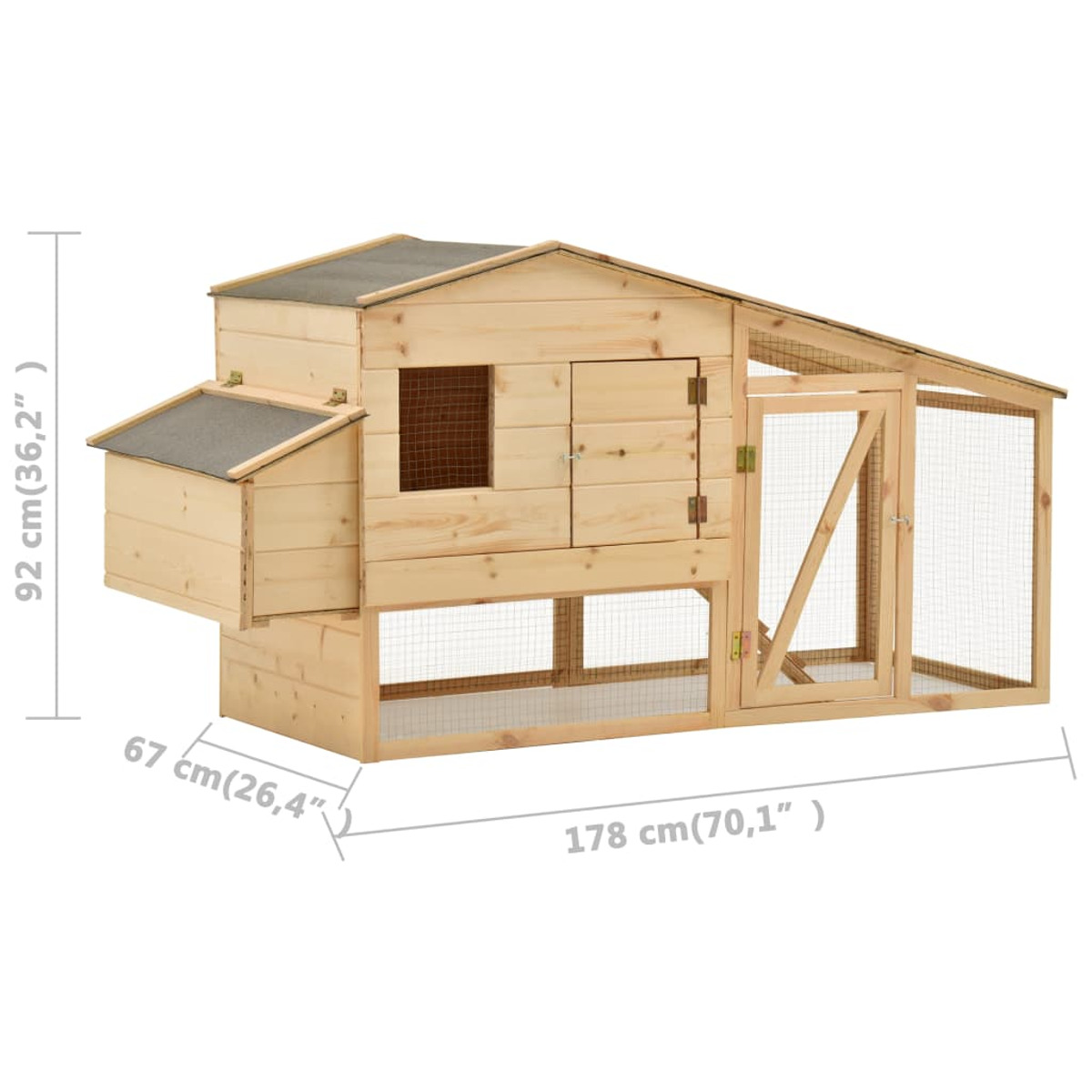 Hühnerstall aus Holz mit Maßen. Er hat ein Haus, einen Auslauf und ein kleines Nebengebäude.