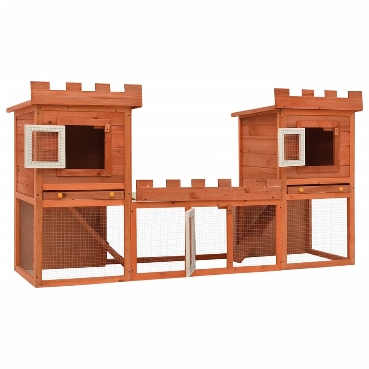 Kaninchenstall aus Holz im Burgdesign. Er hat zwei Türme, einen Zaun und Drahtgeflecht.