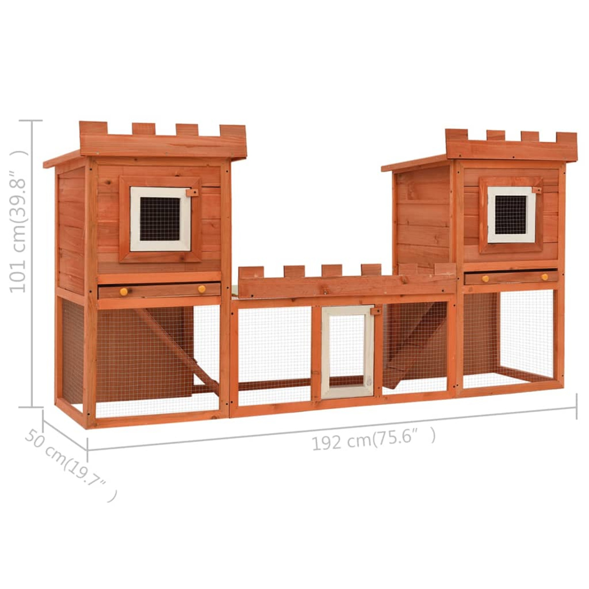 Kaninchenstall aus Holz mit zwei Türmen und einem Mittelteil, Abmessungen angegeben. Weißer Hintergrund.