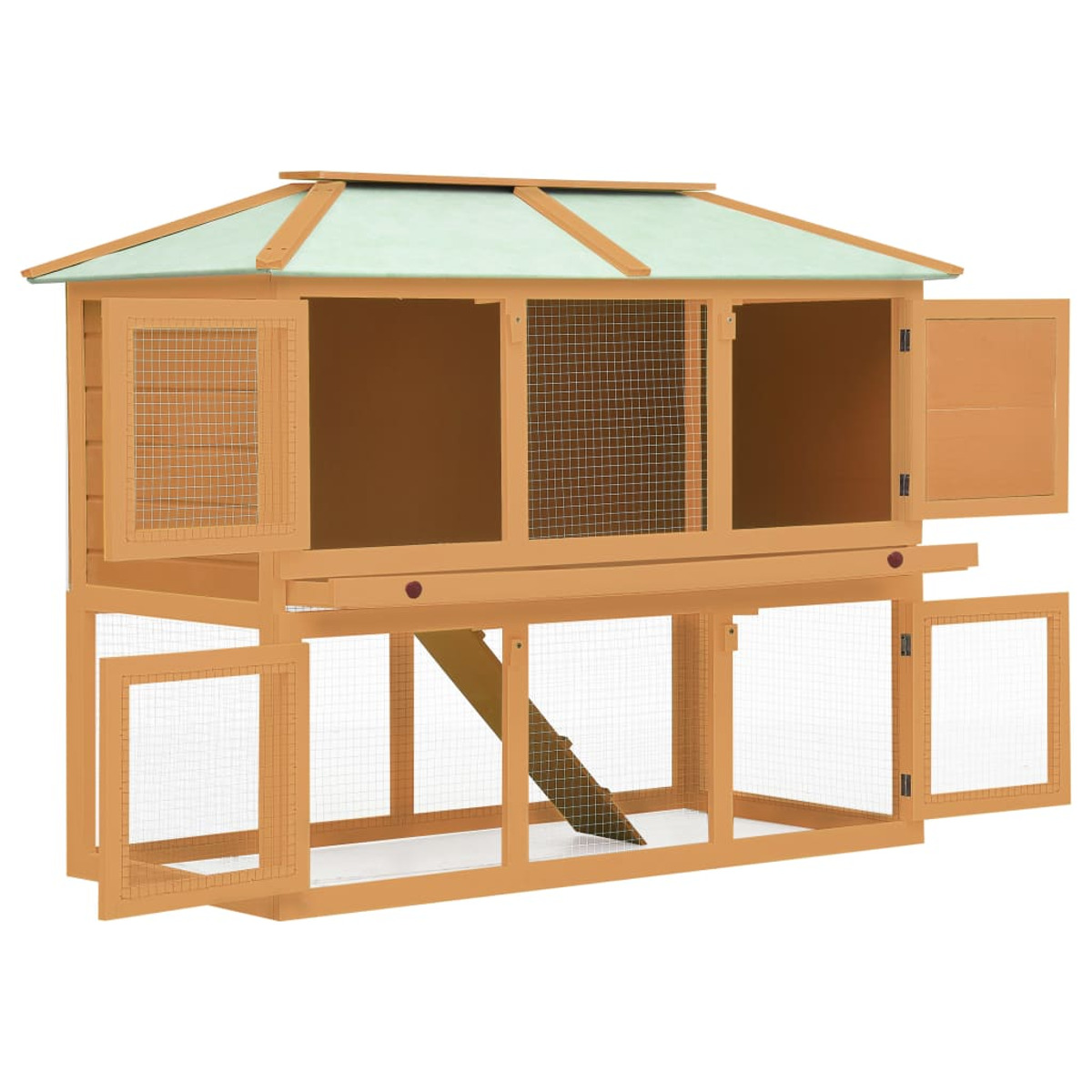 Ein Kaninchenstall aus Holz mit mehreren Ebenen und Türen.