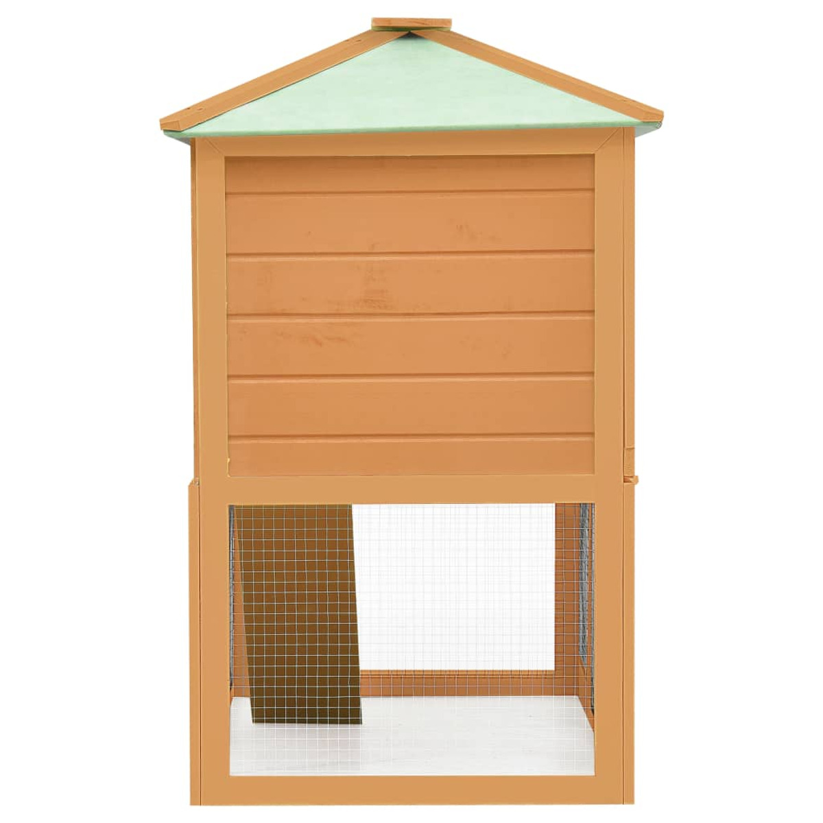 Hühnerstall aus Holz mit grünem Dach, mit Maschendrahtöffnung.