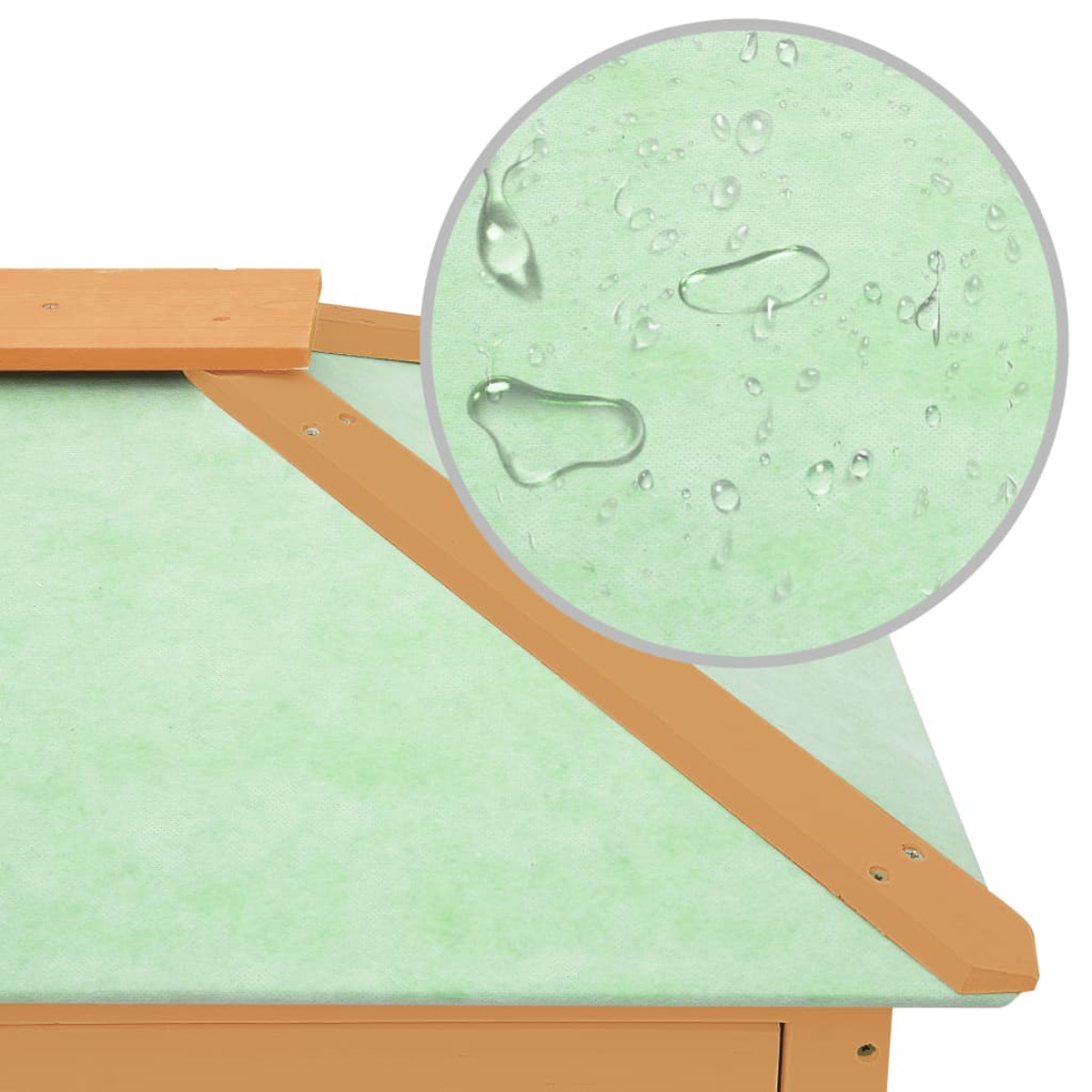 Nahaufnahme eines Daches mit Wassertropfen. Das Dach hat eine grüne Oberfläche und Holzverkleidung.