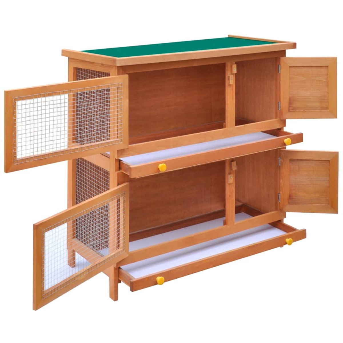 Hasenstall aus Holz mit offenen Türen, Innenfächer und einem grünen Deckel zeigend.