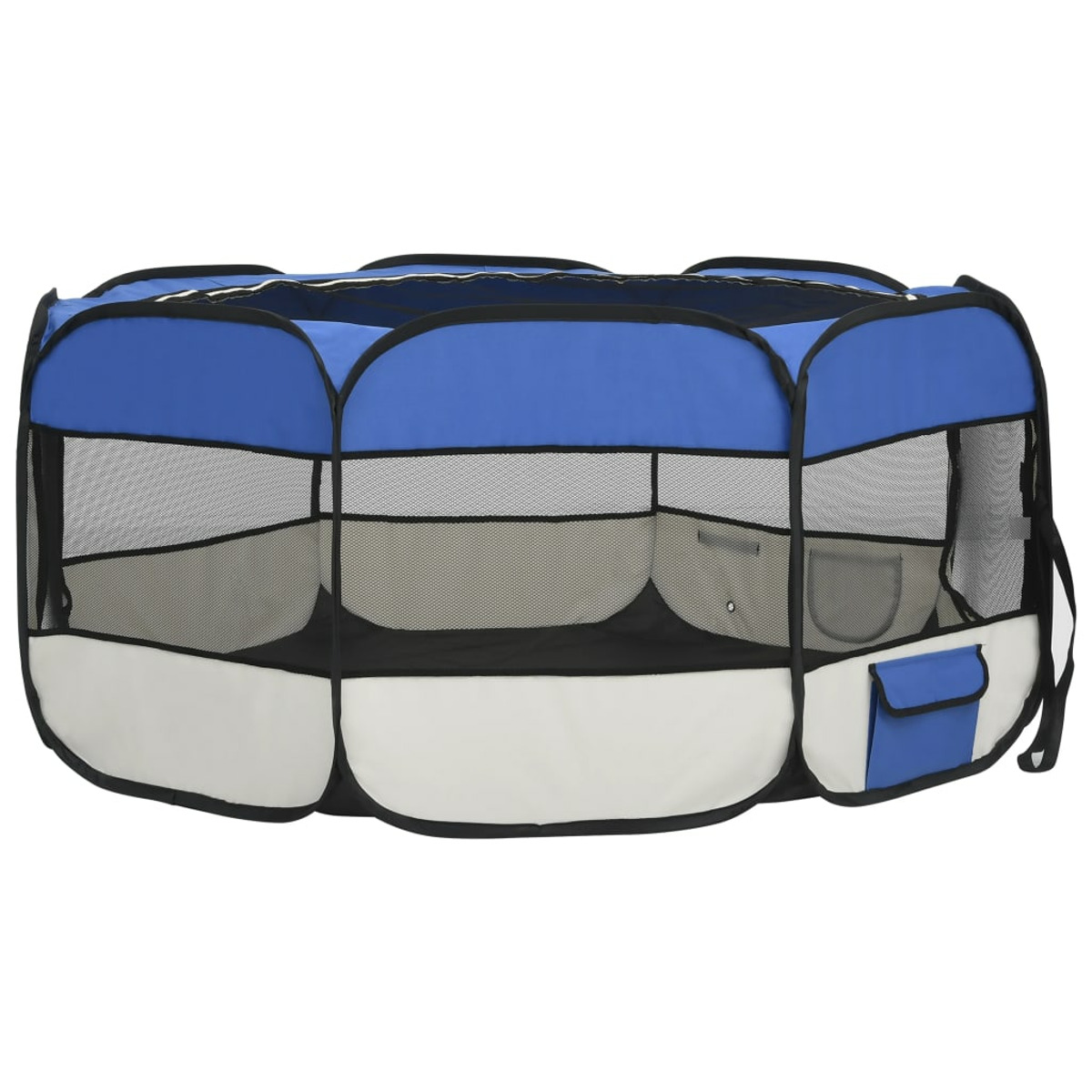 Blau-weißer Haustier-Laufstall mit Mesh-Seiten und einer Tasche, auf weißem Hintergrund.
