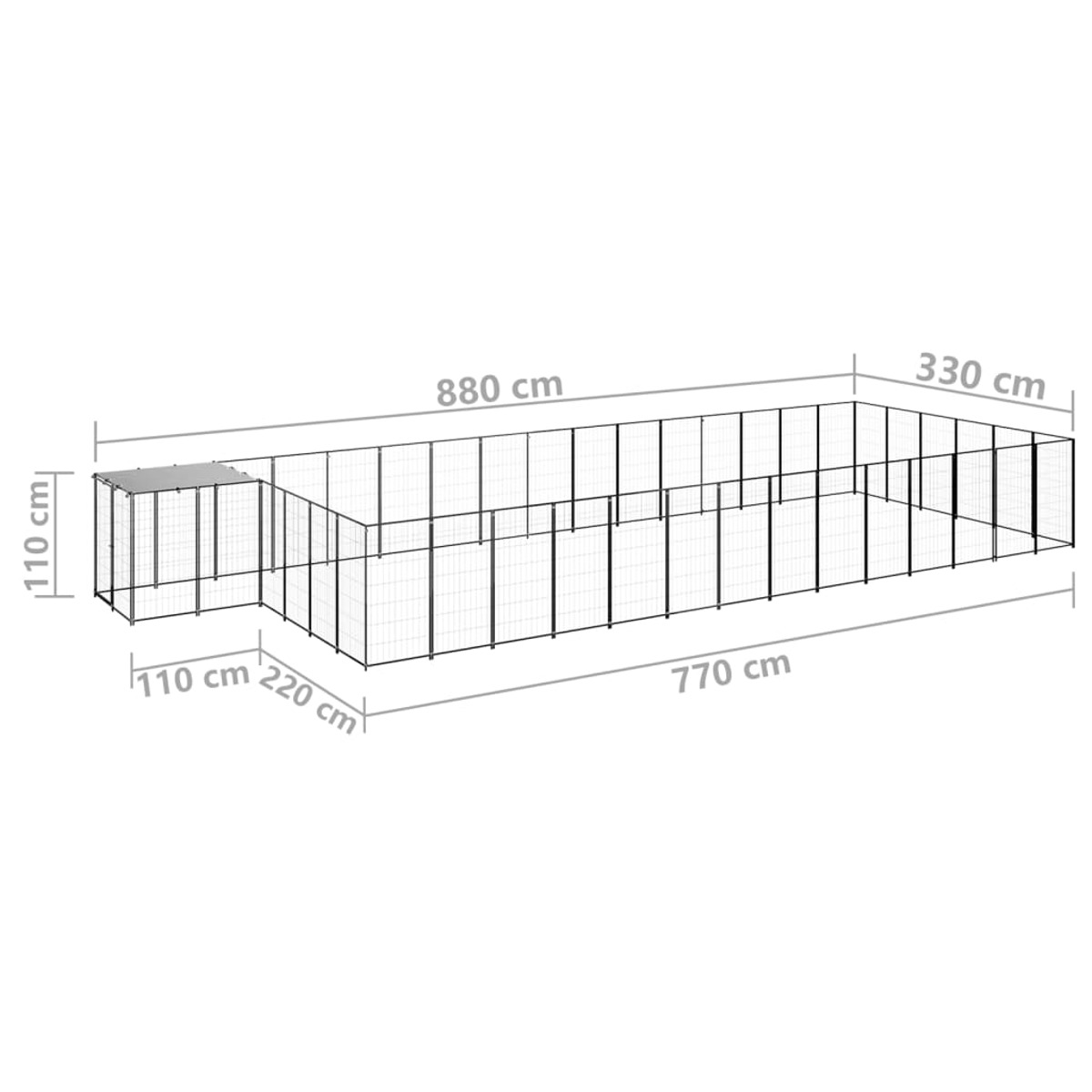 Drahtzaun mit Maßangaben: 880cm, 770cm, 330cm, 110cm und 220cm. Weißer Hintergrund.