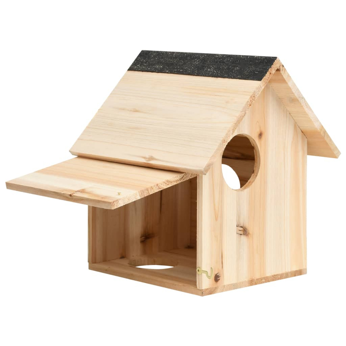 Vogelhaus aus Holz mit offener Tür. Es besteht aus hellfarbigem Holz und hat ein schwarzes Dach.