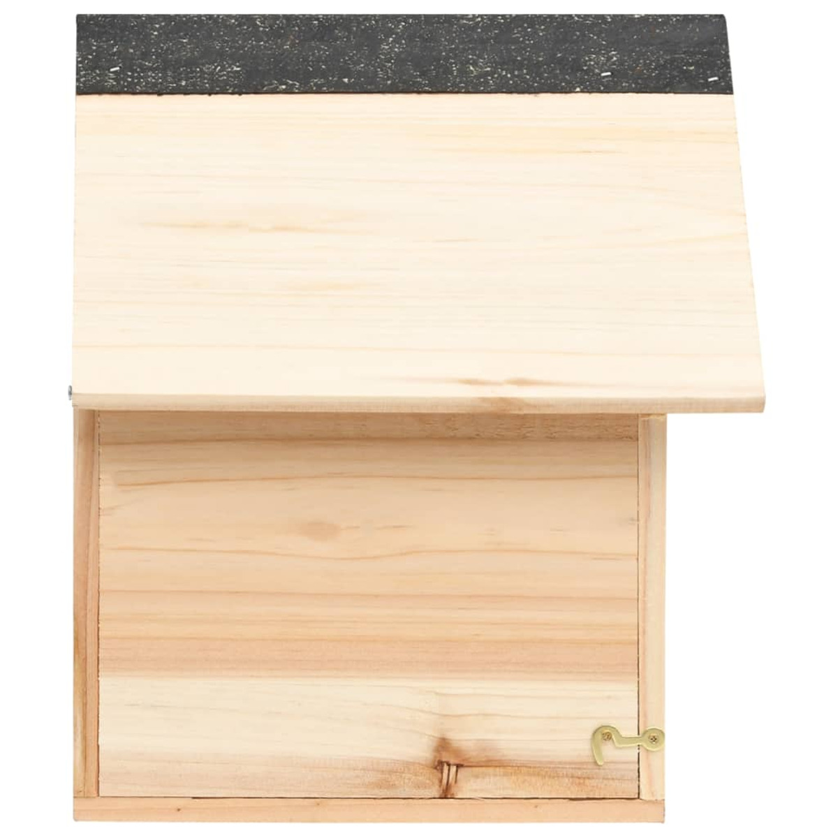Vogelhaus aus Holz mit schwarzem Dach, mit goldenem Riegel auf weißer Oberfläche.