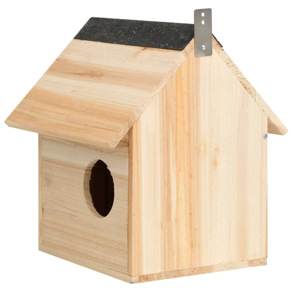 Vogelhaus aus Holz mit schwarzem Dach und Metallhalterung. Weißer Hintergrund.