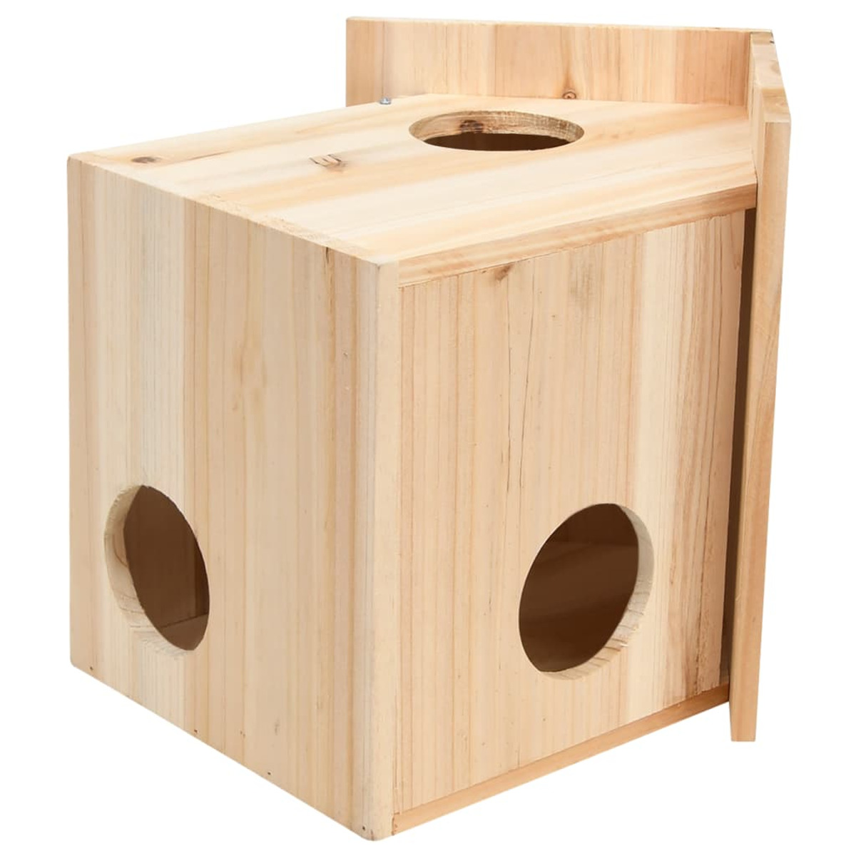 Vogelhaus aus Holz mit drei kreisförmigen Öffnungen. Das Haus ist rechteckig geformt.