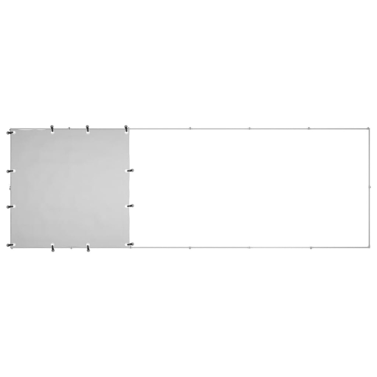 Draufsicht auf eine silberne Leinwand mit rechteckigem Rahmen. Rahmen und Leinwand auf weißem Hintergrund.