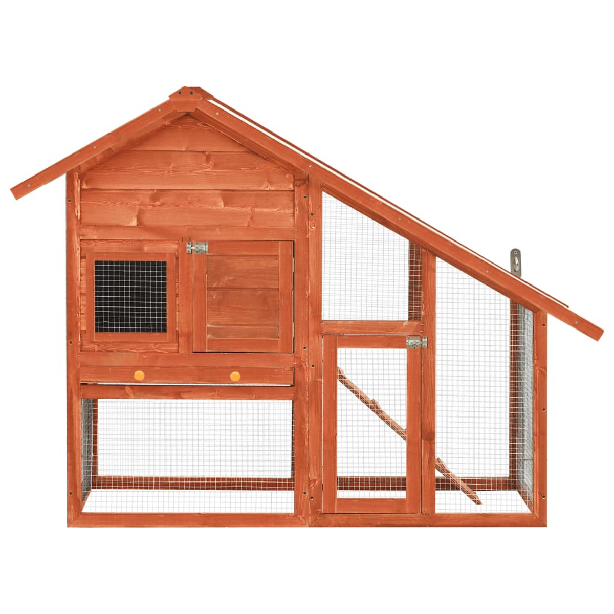 Hühnerstall aus Holz. Schrägdach, Drahtgeflecht und Tür.