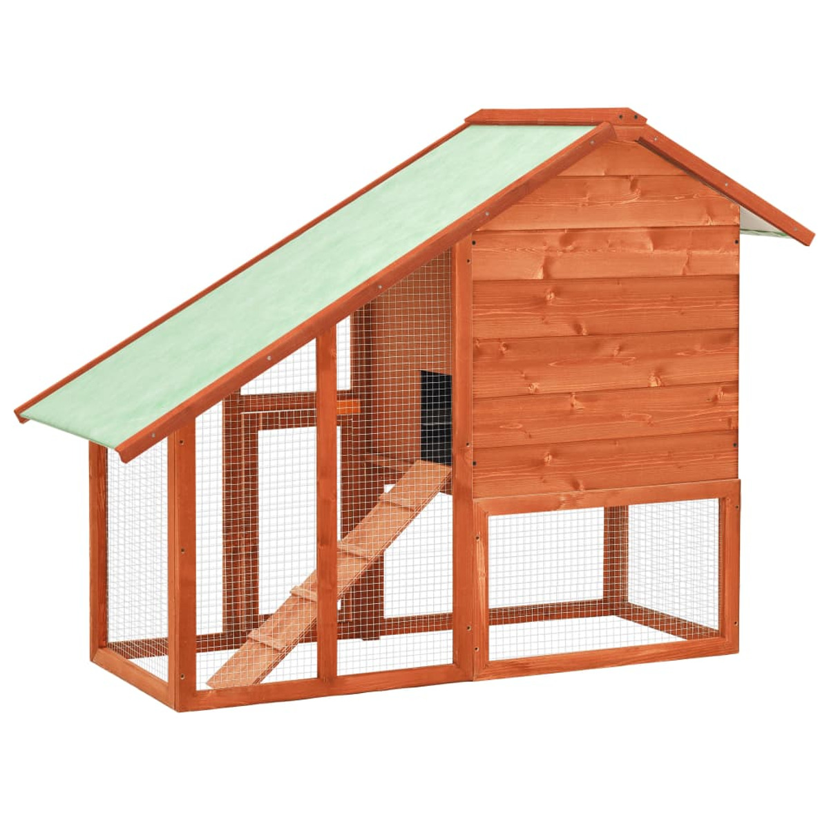 Hühnerstall aus Holz mit grünem Dach, Rampe und Drahtgittergehege.