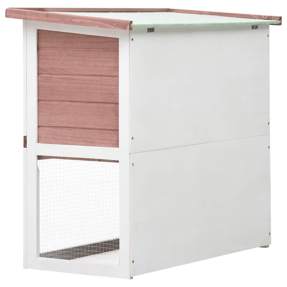 Hühnerstall aus Holz mit weißen Wänden, roter Holzverkleidung und Drahttür. Grünes Dach.