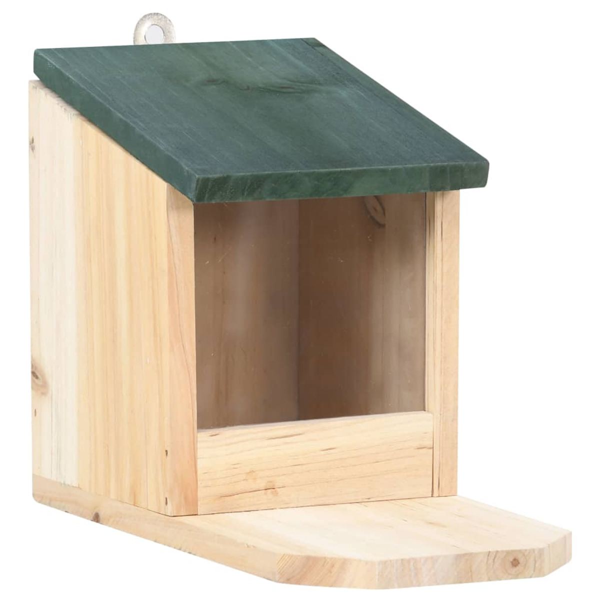 Vogelhaus aus Holz mit grünem Dach und kleiner Sitzstange.