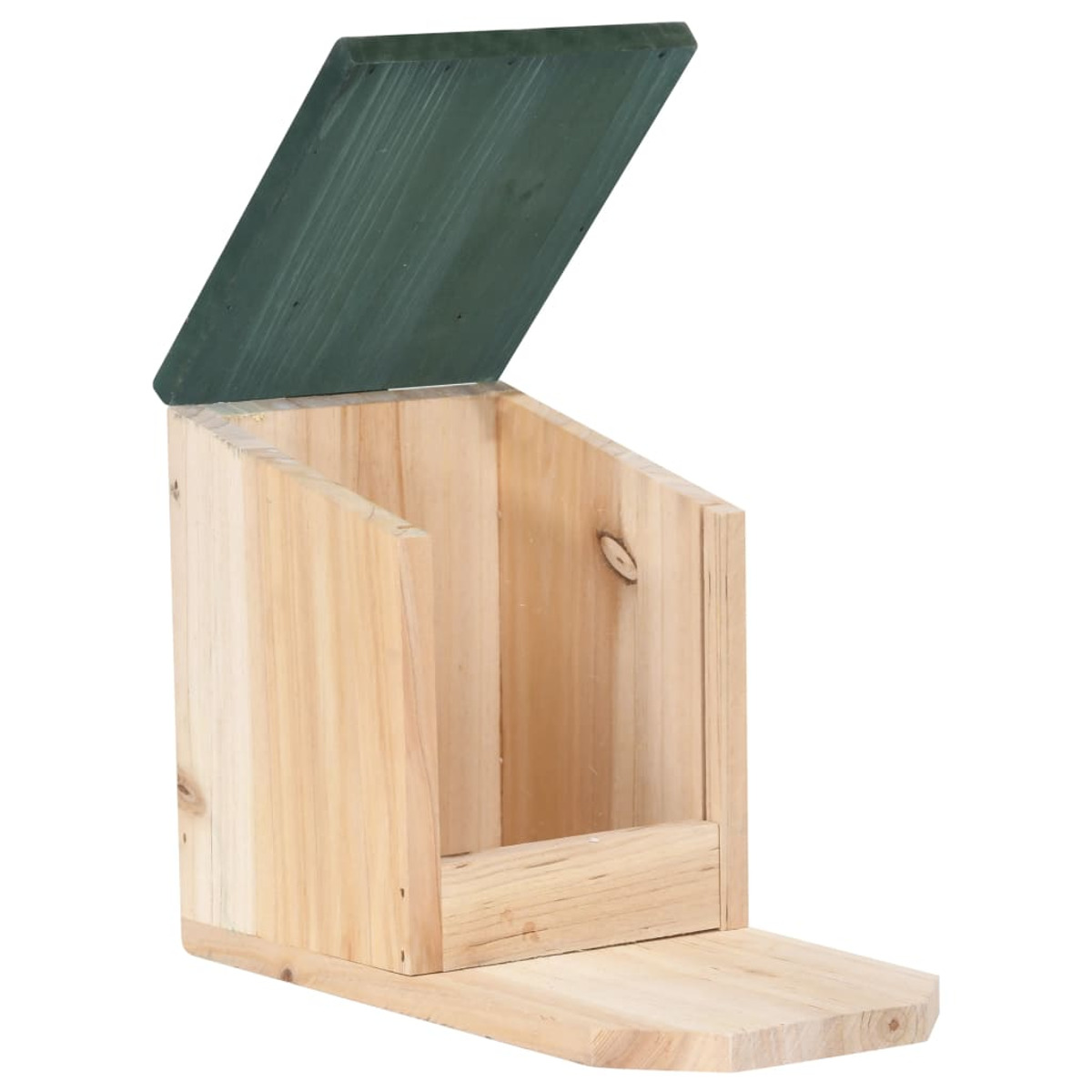 Vogelhaus aus Holz mit grünem Dach, offen.