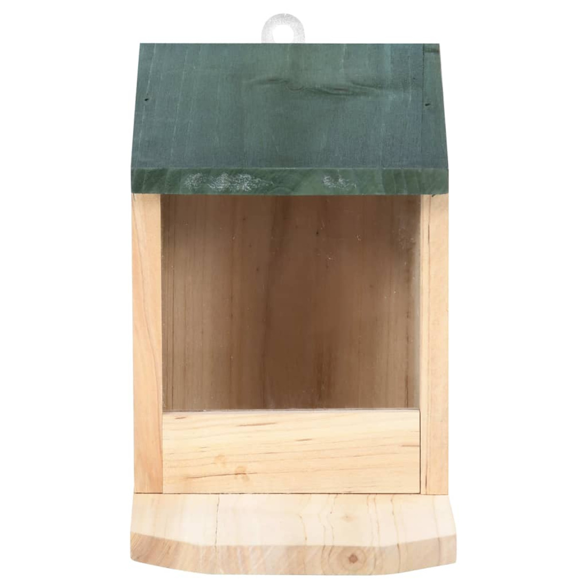 Vogelfutterhaus aus Holz mit grünem Dach und Aufhängeschnur. Der Futterspender ist leer.