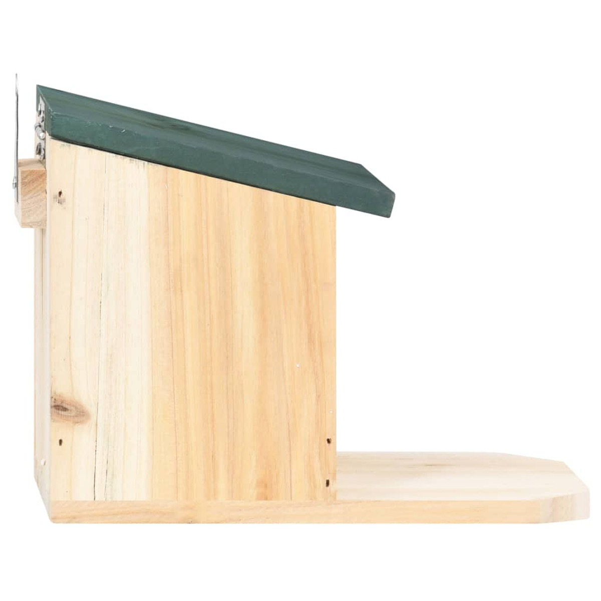 Ein Vogelhaus aus Holz mit einem grünen Dach und einer kleinen Sitzstange.