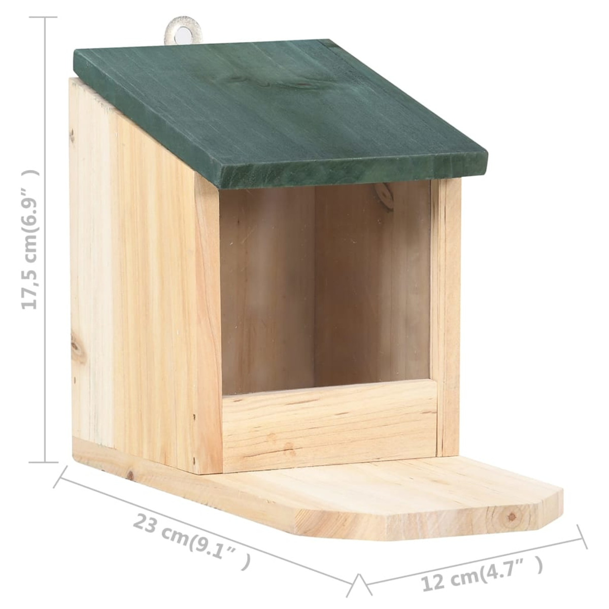 Vogelhaus aus Holz mit grünem Dach. Die Maße sind an der Seite sichtbar.