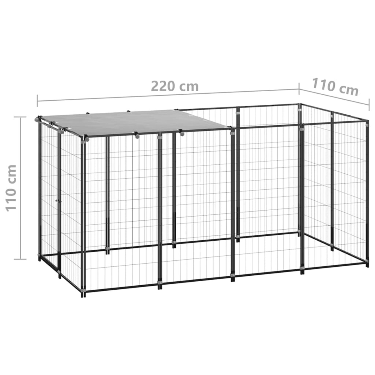 Ein Hundezwinger mit den Maßen 220 cm x 110 cm, mit Dach und Drahtgitterwänden.