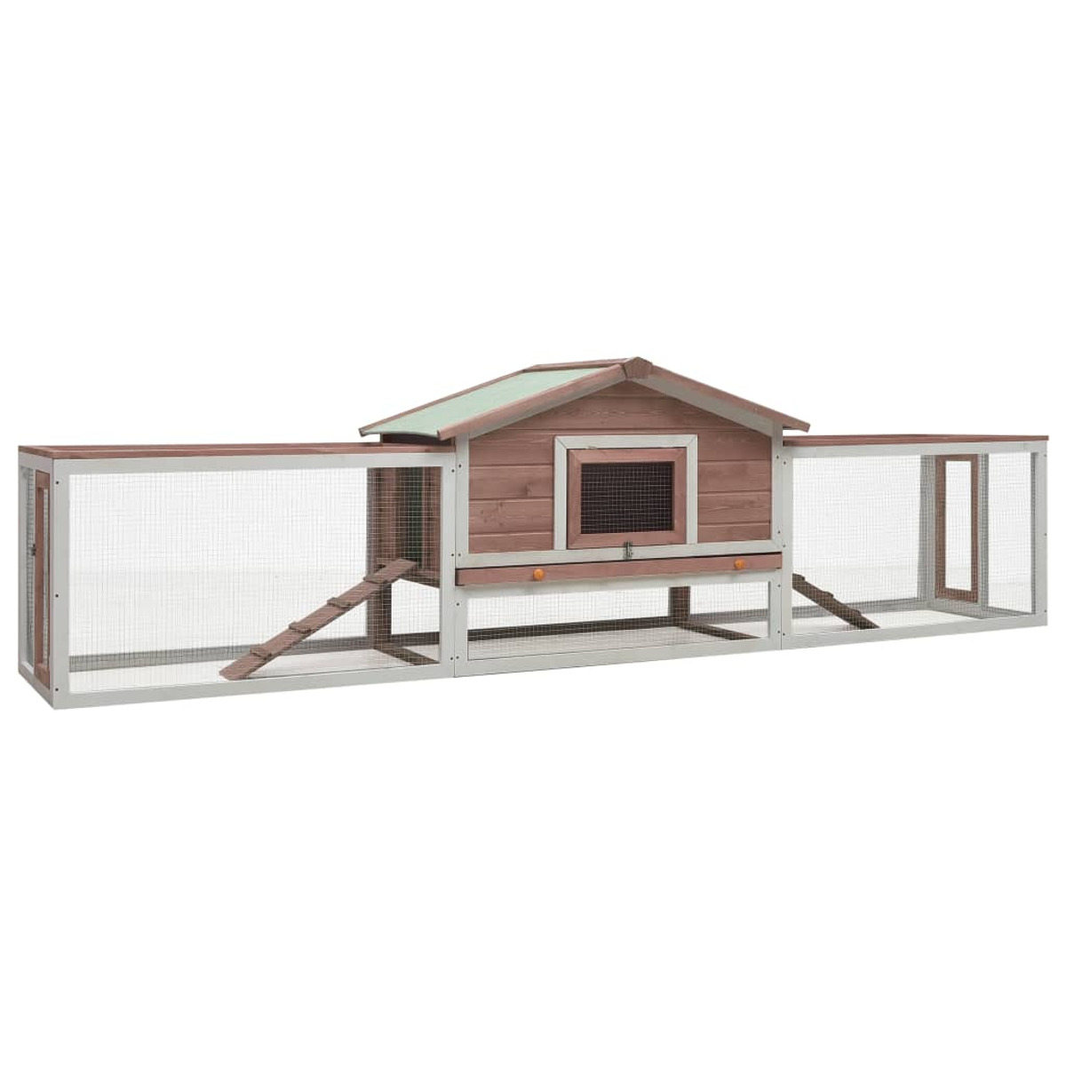 Langer Hühnerstall aus Holz mit Haus, Drahtgeflecht und Rampen. Braune und weiße Farbe, isoliert auf Weiß.