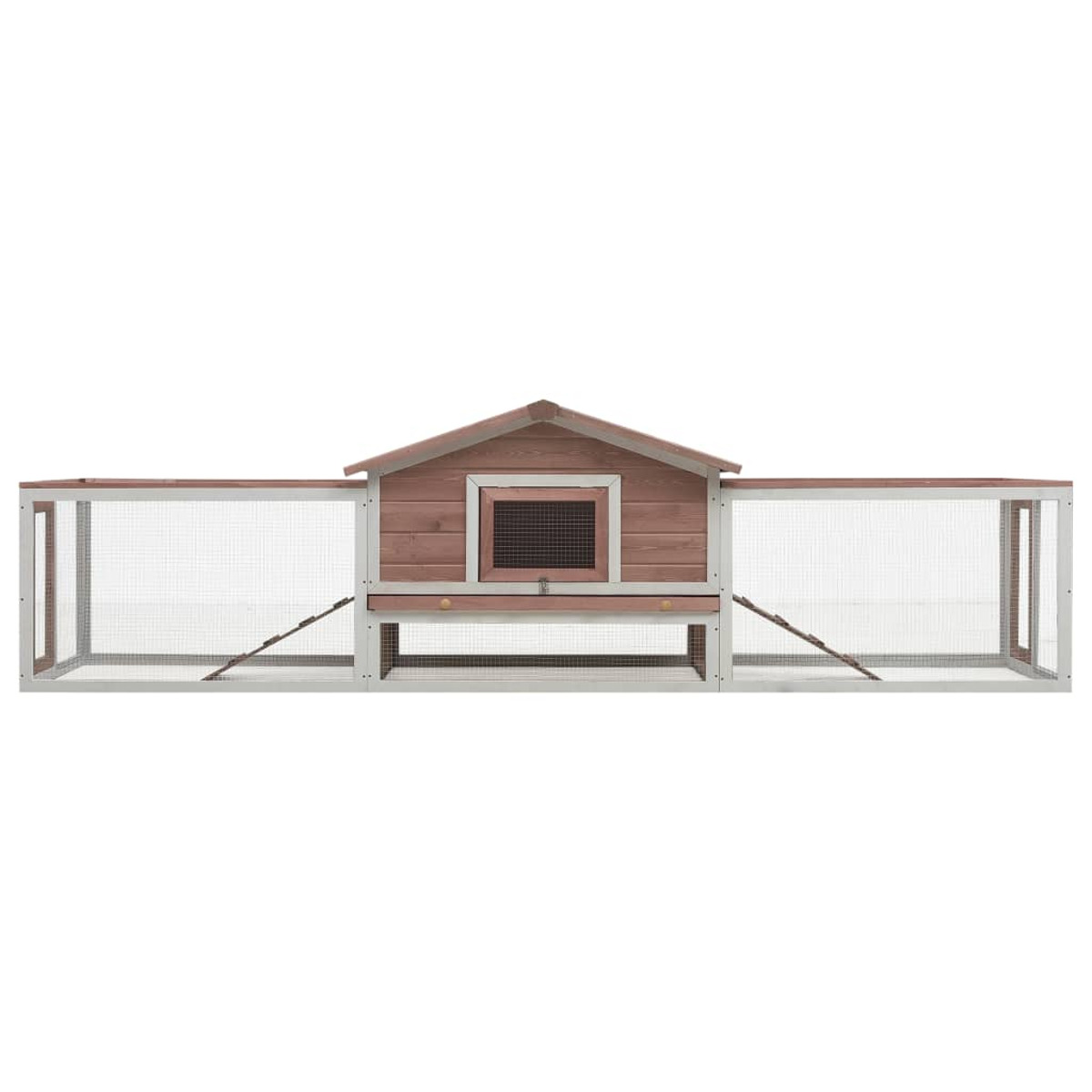 Ein großer Hühnerstall aus Holz mit Haus, Auslauf und Rampen, auf weißem Hintergrund.