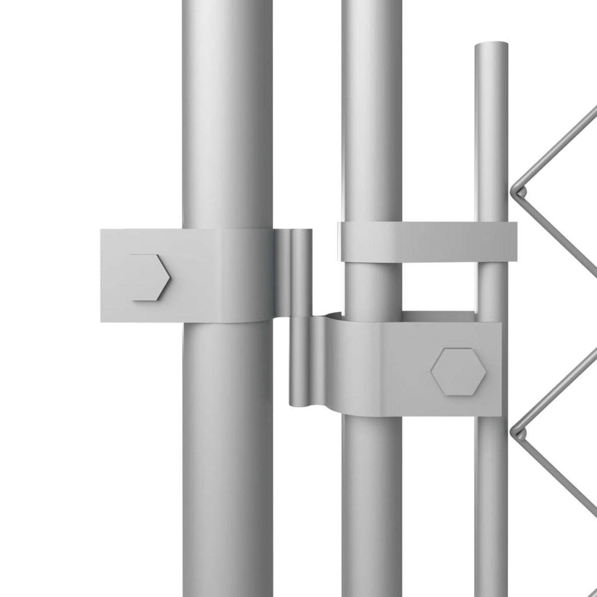 Nahaufnahme von zwei grauen Metallstangen, die durch Halterungen und Bolzen verbunden sind.