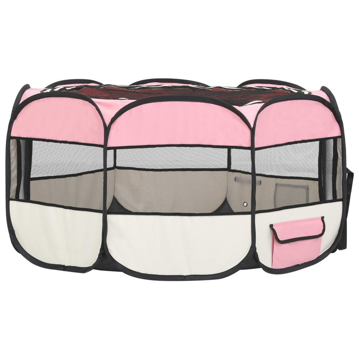 Ein rosa-weißer Haustier-Laufstall. Es hat Netzseiten und eine Tasche. Schwarzer Rahmen und eine rosa Tür.