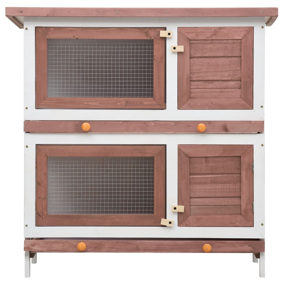 Ein Kaninchenstall aus Holz mit zwei Etagen, in Weiß und Braun.