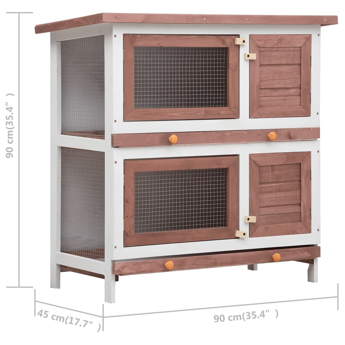 Zweistöckiger Kaninchenstall aus Holz. Weiß und braun mit Drahtgeflecht und Türen.