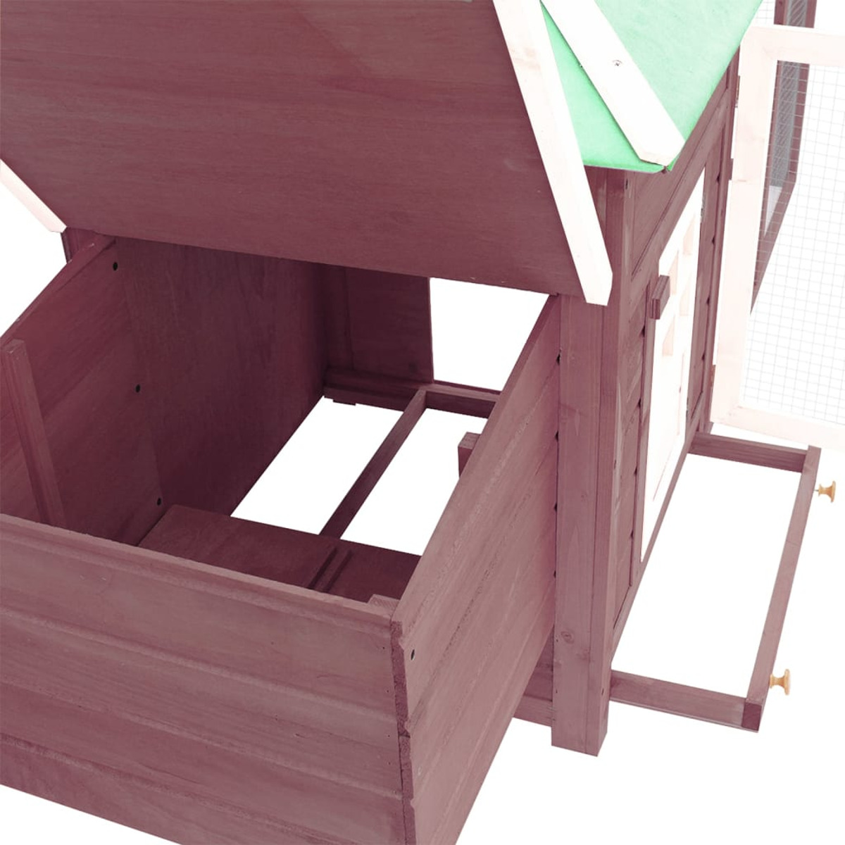 Hühnerstall aus Holz mit offenem Dach. Der Stall ist braun mit einem grünen Dach.