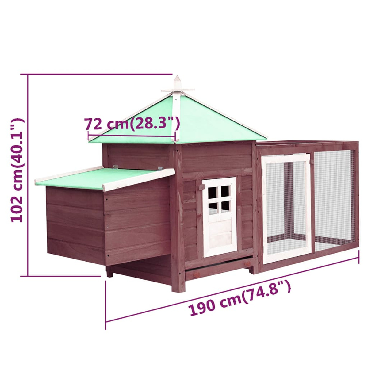 Kaninchenstall aus Holz mit grünem Dach, Tür, Fenstern und Maßangaben.