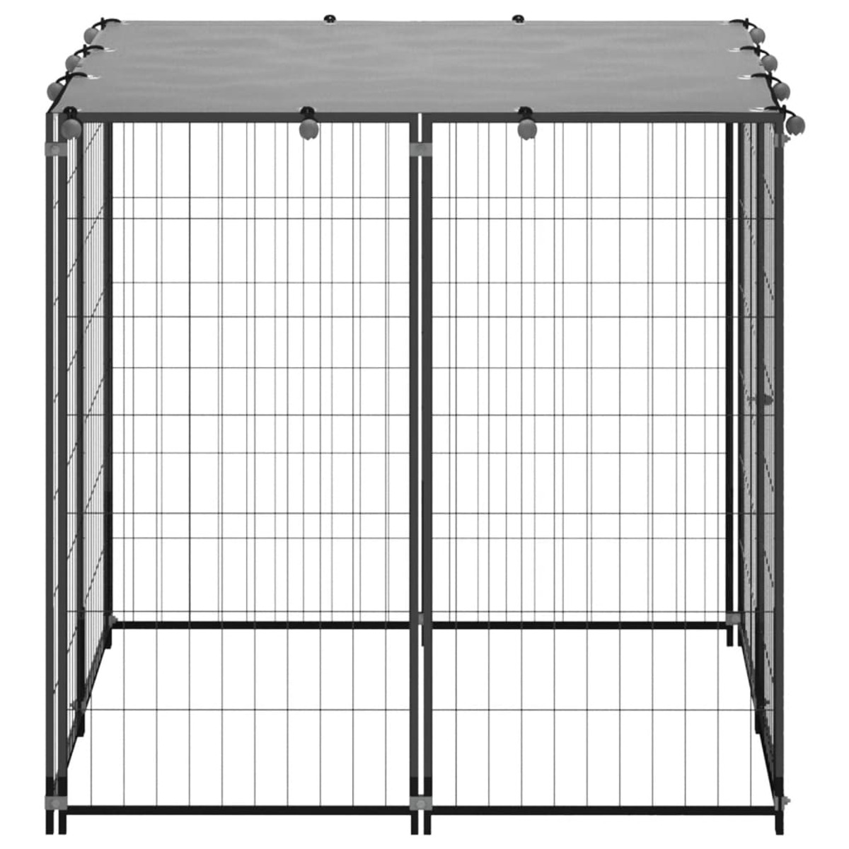 Metall-Hundezwinger mit grauem Verdeck. Der Zwinger hat ein gitterartiges Design.