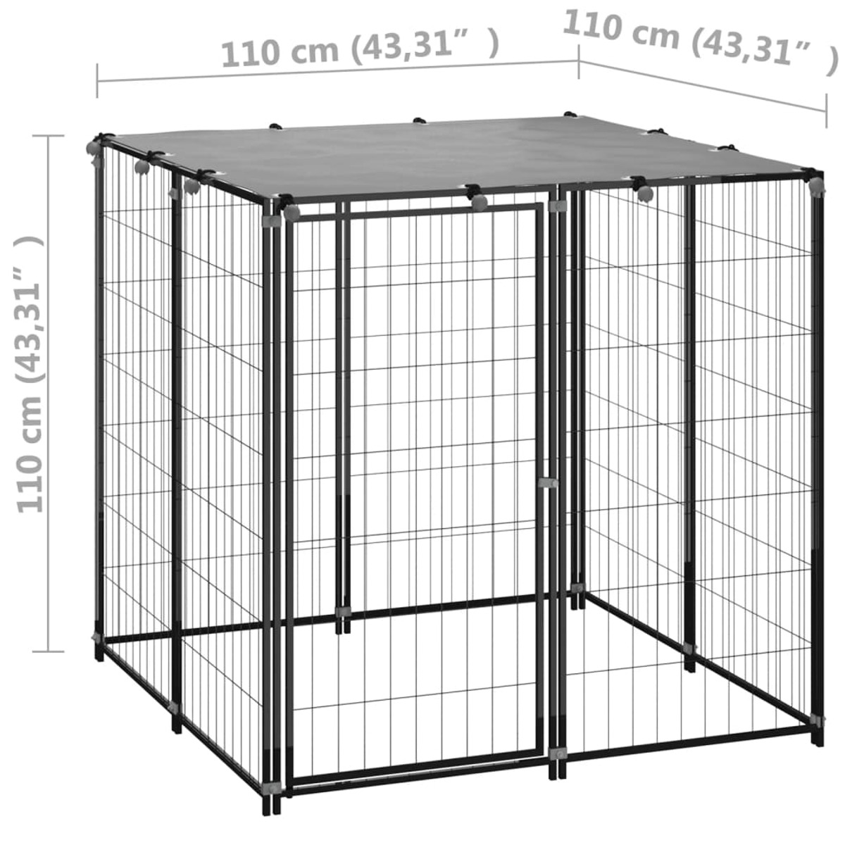 Ein schwarzer Metall-Hundekäfig mit grauem Dach. Abmessungen sind mit Messlinien angegeben.
