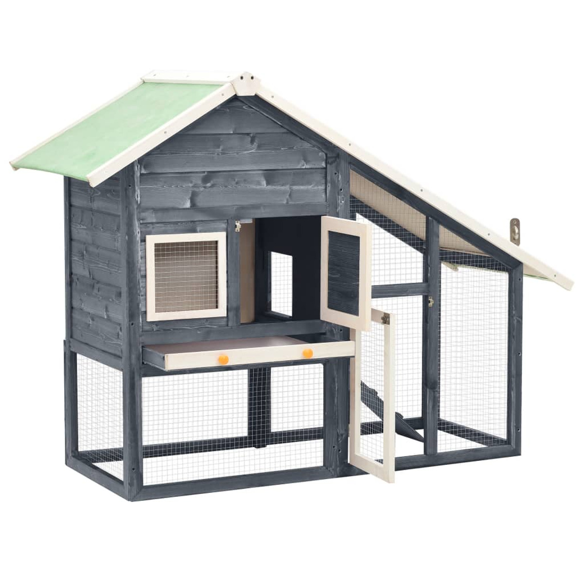 Vogelhaus aus Holz mit grünem Dach. Zeigt Fenster, eine Tür und eine geöffnete Schublade.