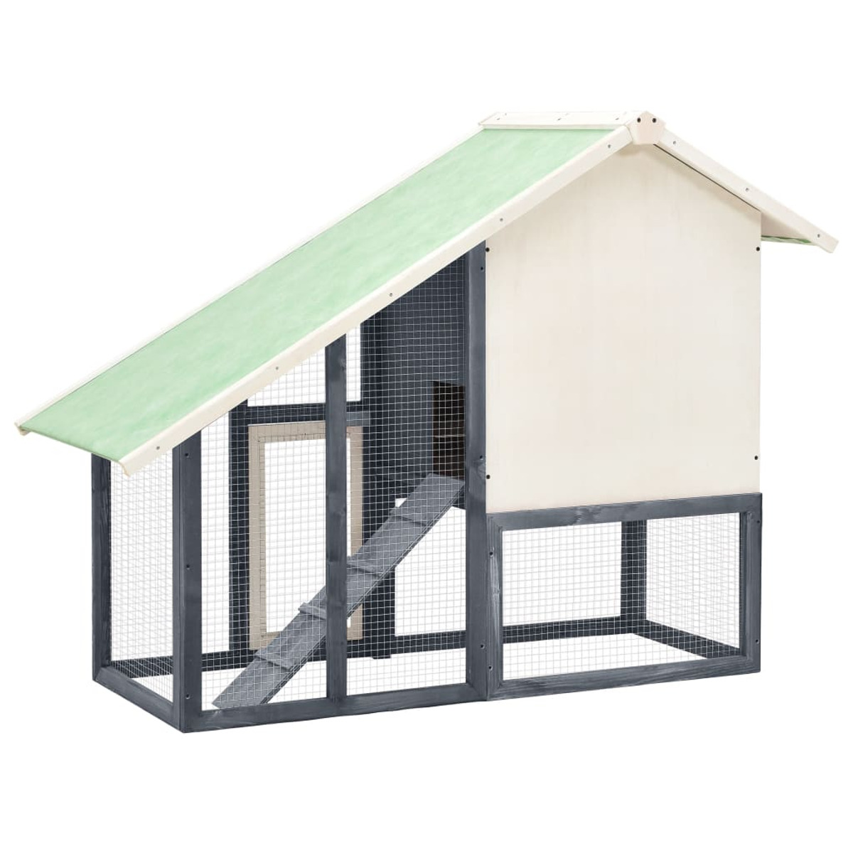 Ein Kaninchenstall aus Holz mit grünem Dach, Rampe und Wänden aus Drahtgeflecht.