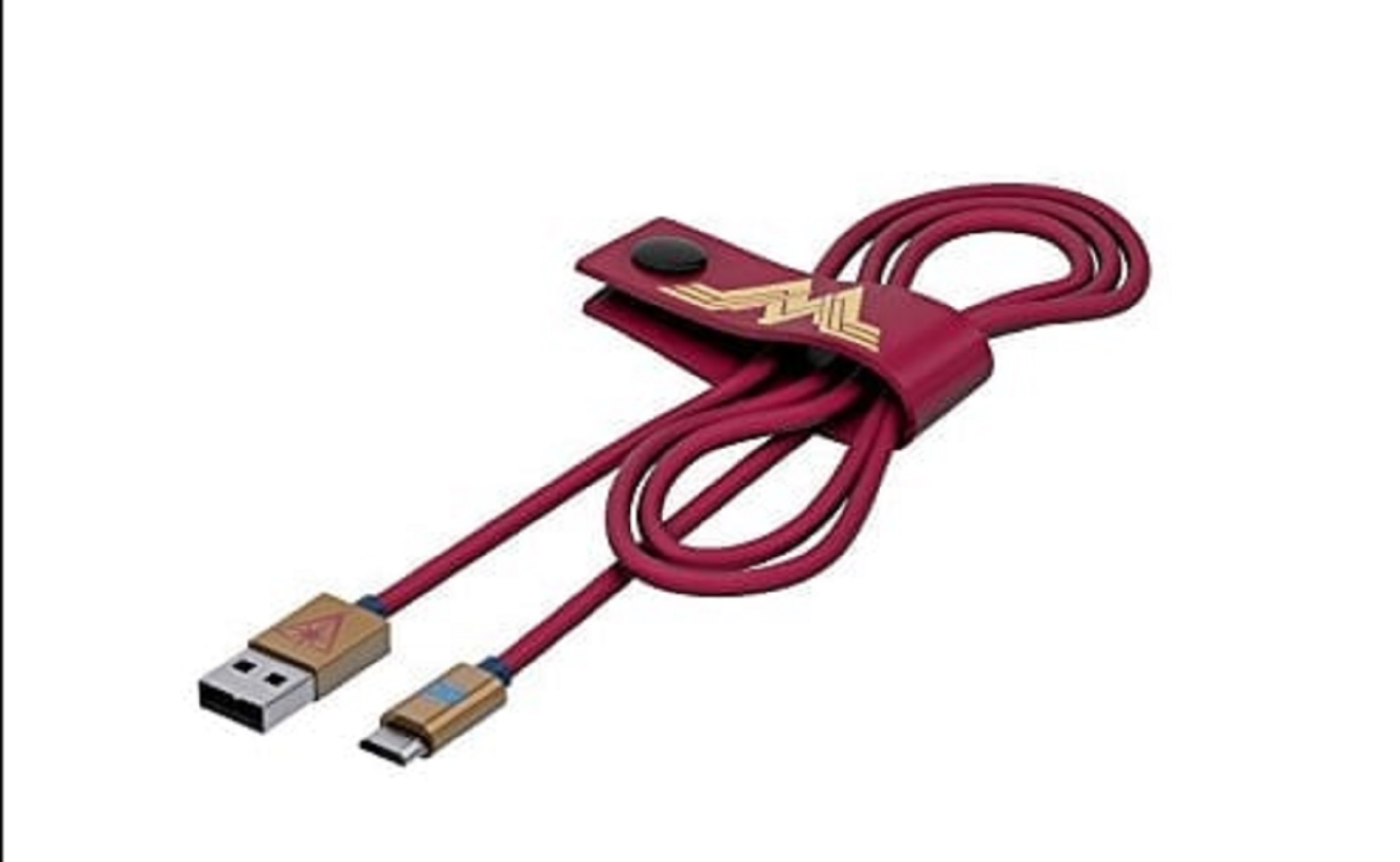 Cable USB rojo Wonder Woman, conector dorado y cierre de botón negro.