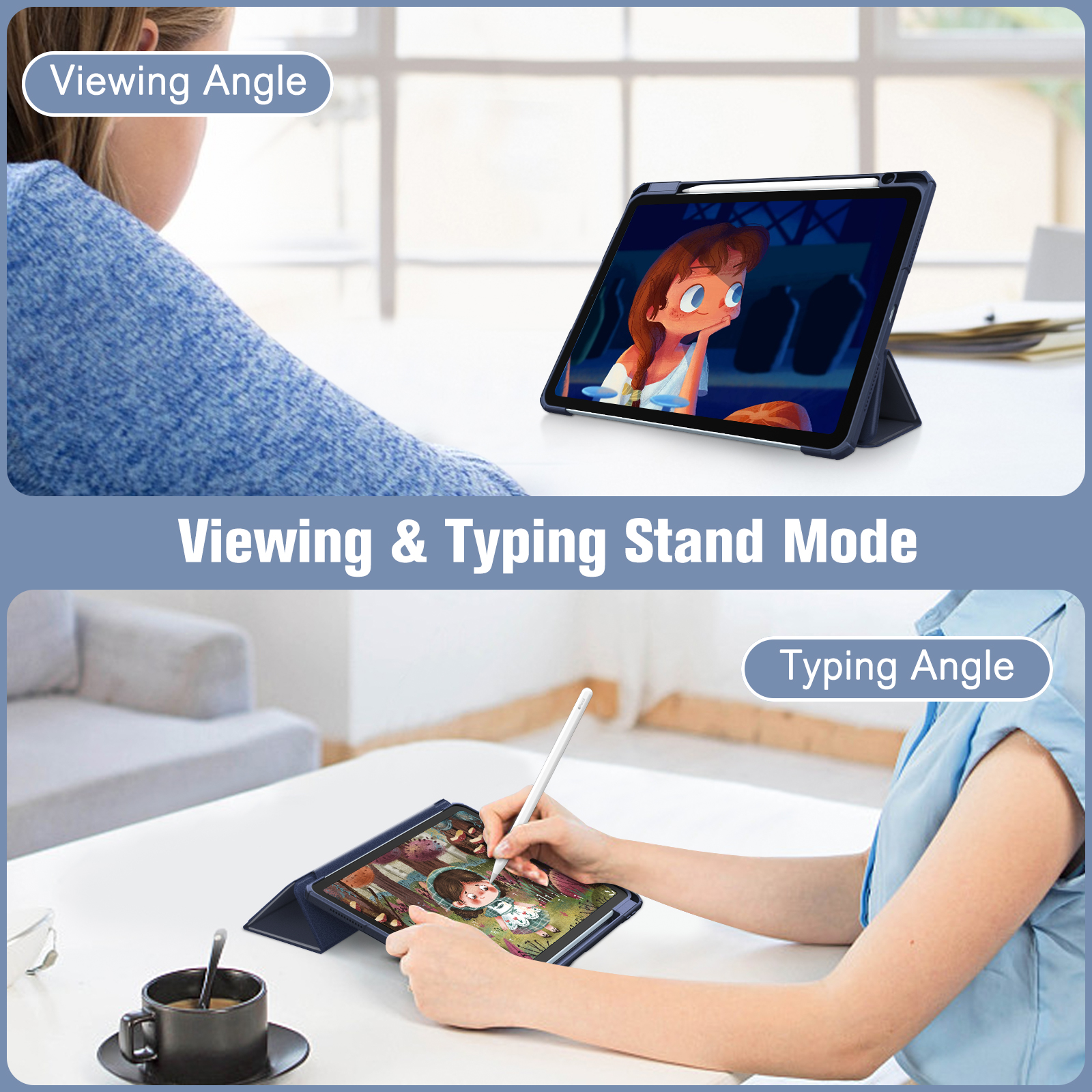 Zwei Fotos zeigen ein Tablet im Standmodus, eine Frau benutzt es, ein Cartoon ist auf dem Bildschirm.
