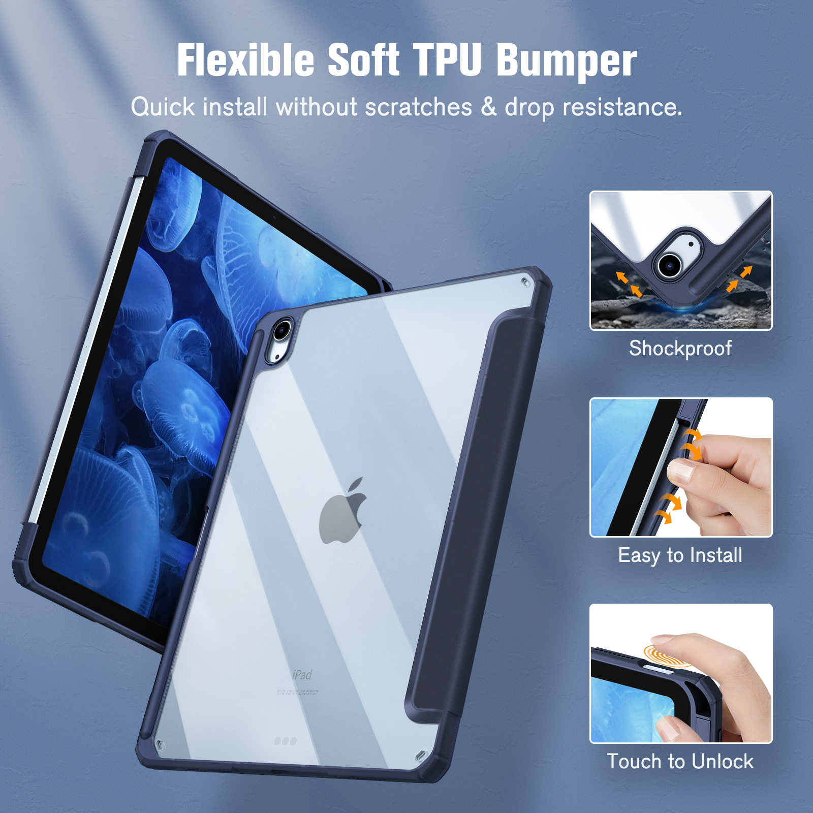 Tablet in einer Hülle mit klarer Rückseite und blauen Kanten, mit Funktionen.