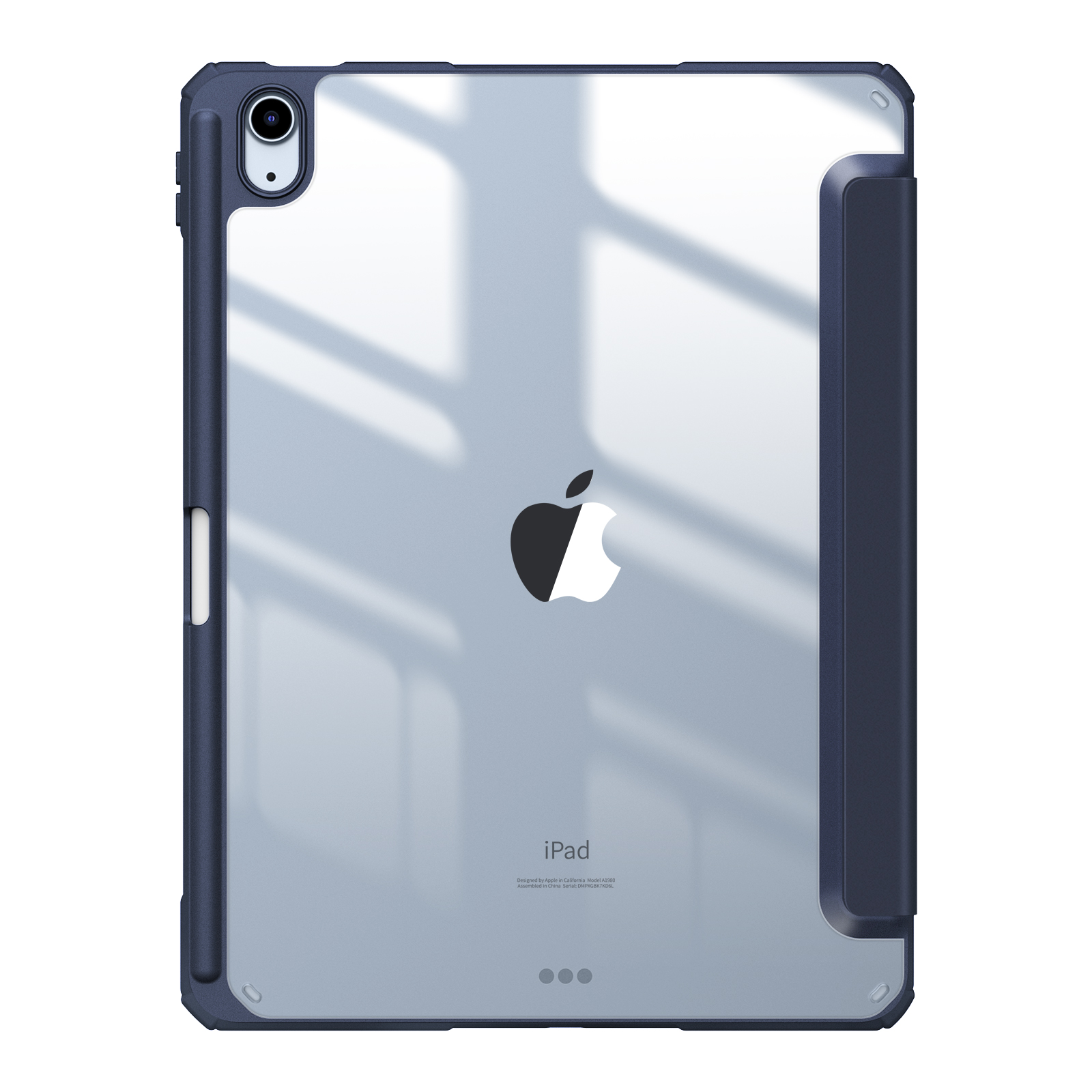 Ein iPad mit blauem Gehäuse und durchsichtigem Rücken.