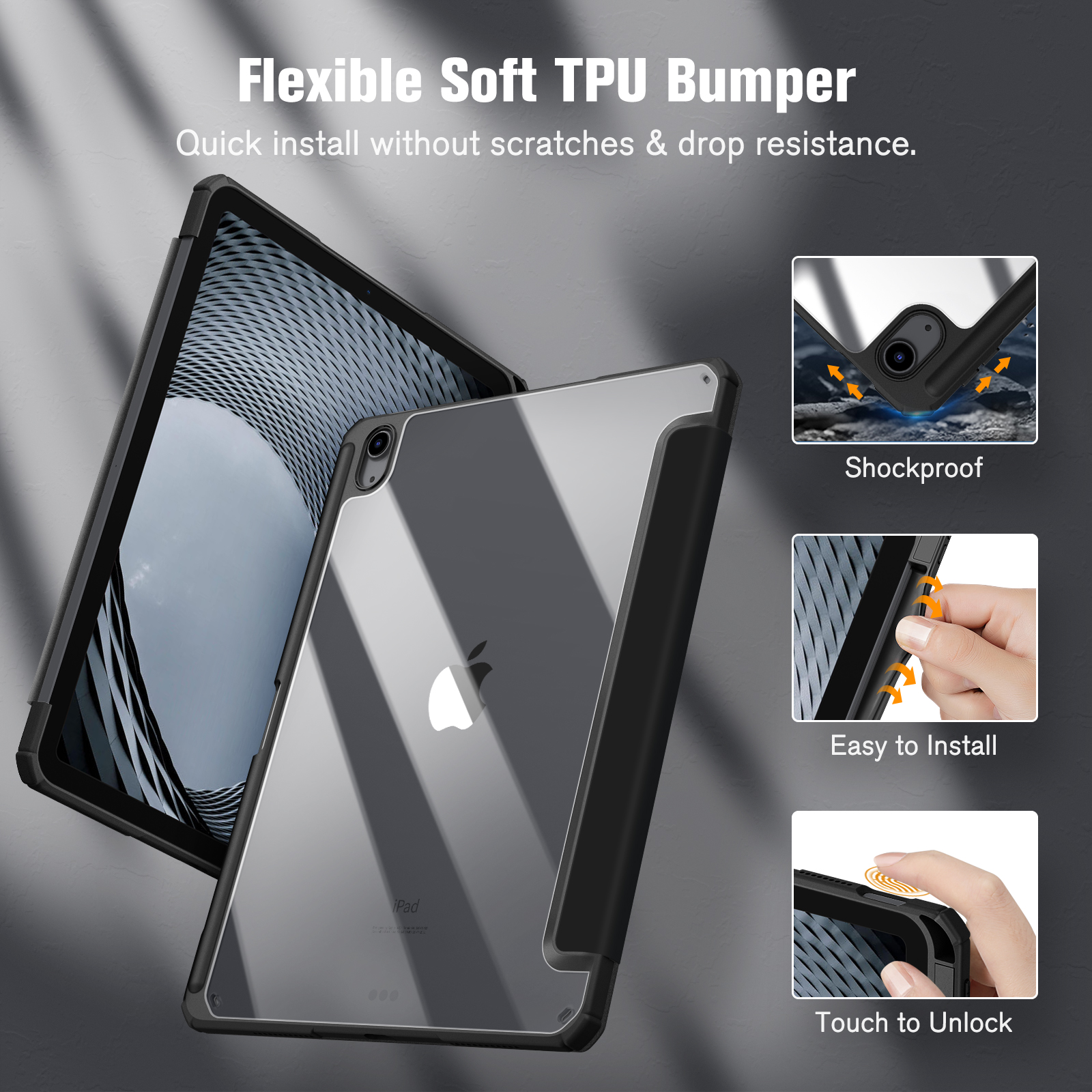 Tablet in transparenter Hülle, mit Funktionen: stoßfest, einfache Installation, und zum Entsperren berühren.