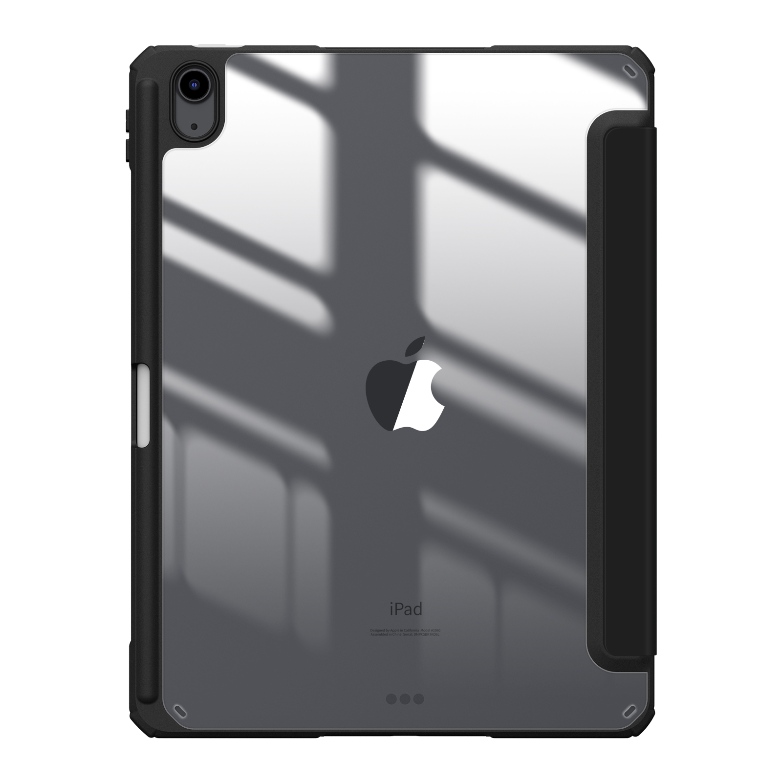 Schwarze iPad-Hülle mit durchsichtigem Rücken und schwarzem Rahmen, Apple-Logo sichtbar.